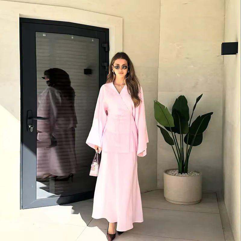 Casual Lace Up V-neck Full Sleeve Top High Waist A-line Long Skirts Two Piece Set