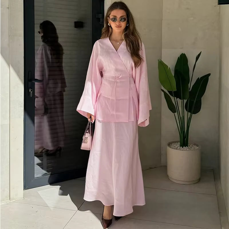 Casual Lace Up V-neck Full Sleeve Top High Waist A-line Long Skirts Two Piece Set