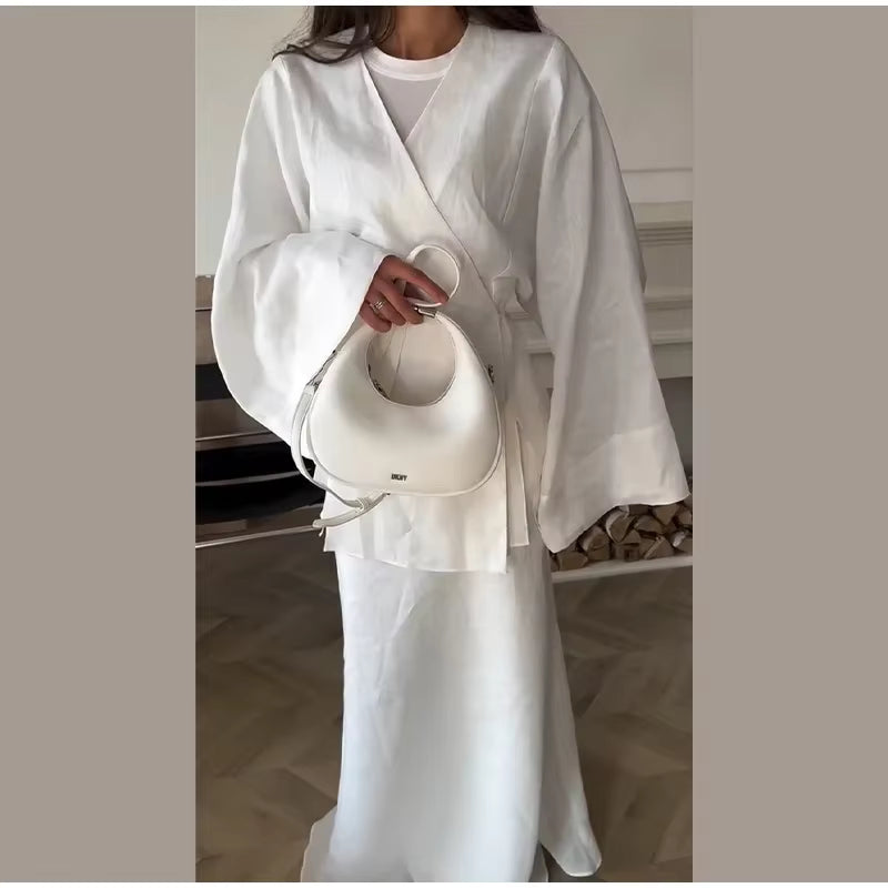 Casual Lace Up V-neck Full Sleeve Top High Waist A-line Long Skirts Two Piece Set