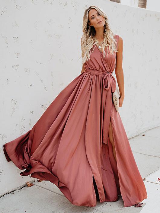 Casual Lace up Sleeveless V Neck Knotted Slit Prom Maxi Dresses