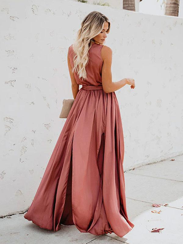 Casual Lace up Sleeveless V Neck Knotted Slit Prom Maxi Dresses