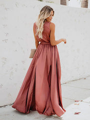 Casual Lace up Sleeveless V Neck Knotted Slit Prom Maxi Dresses