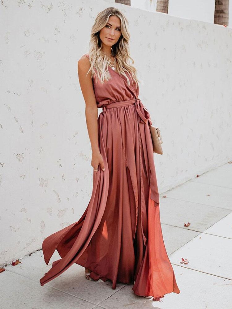 Casual Lace up Sleeveless V Neck Knotted Slit Prom Maxi Dresses
