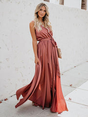 Casual Lace up Sleeveless V Neck Knotted Slit Prom Maxi Dresses
