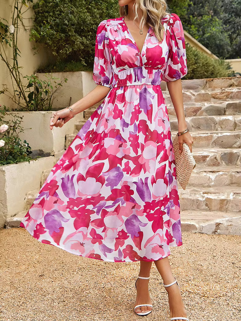 Casual Lantern Sleeve Chiffon Printed Tight Waist V-neck Mid-Calf Dress