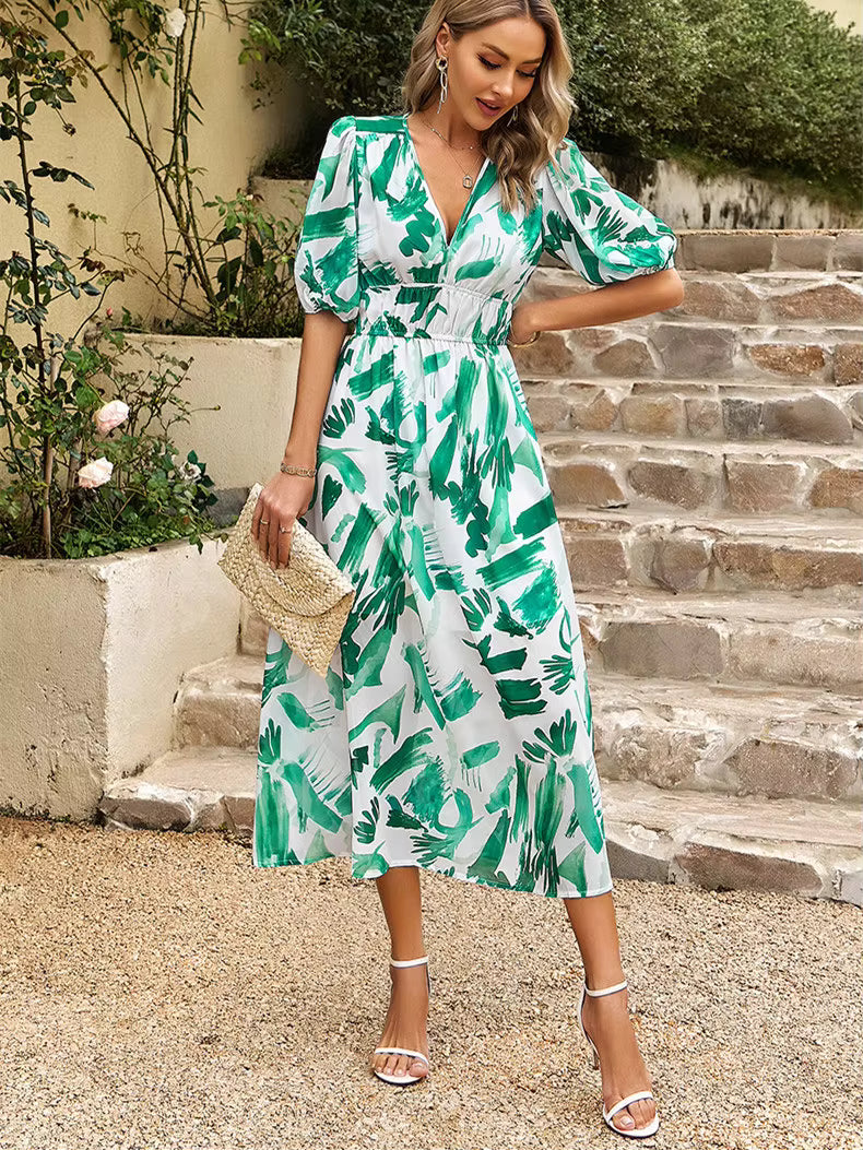 Casual Lantern Sleeve Chiffon Printed Tight Waist V-neck Mid-Calf Dress