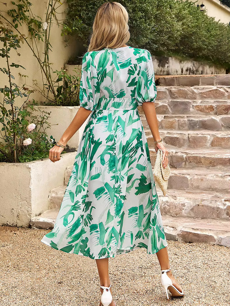 Casual Lantern Sleeve Chiffon Printed Tight Waist V-neck Mid-Calf Dress