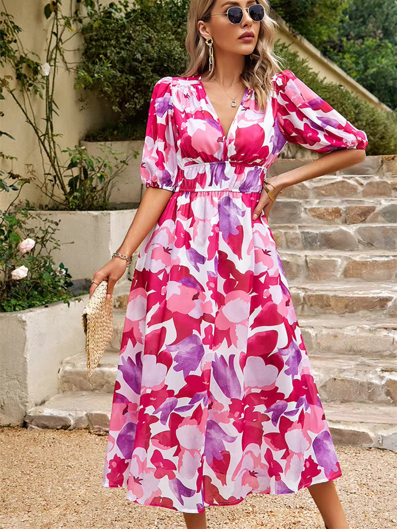 Casual Lantern Sleeve Chiffon Printed Tight Waist V-neck Mid-Calf Dress