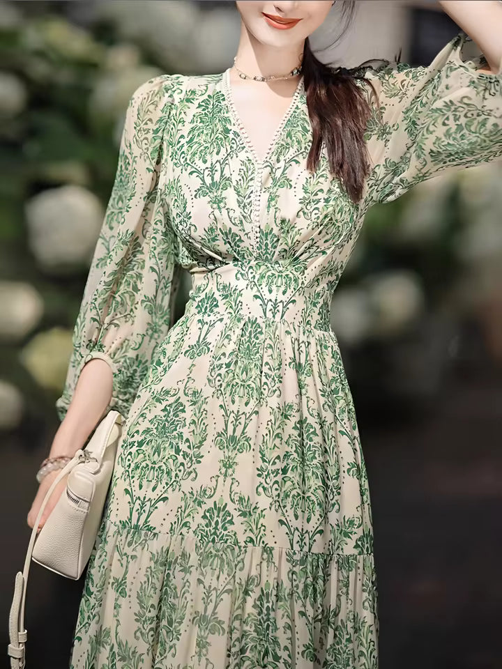Casual Lantern Sleeve V-neck Waist Slimming Floral Maxi Dress