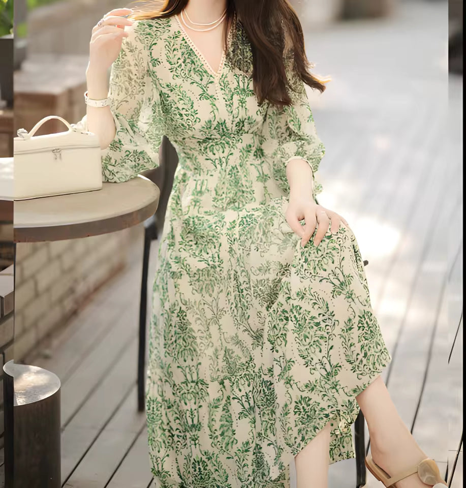Casual Lantern Sleeve V-neck Waist Slimming Floral Maxi Dress