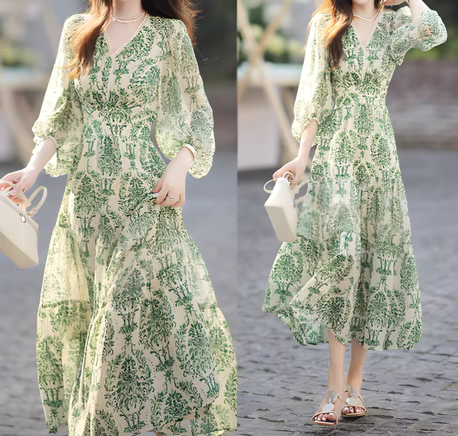 Casual Lantern Sleeve V-neck Waist Slimming Floral Maxi Dress