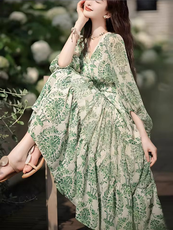 Casual Lantern Sleeve V-neck Waist Slimming Floral Maxi Dress