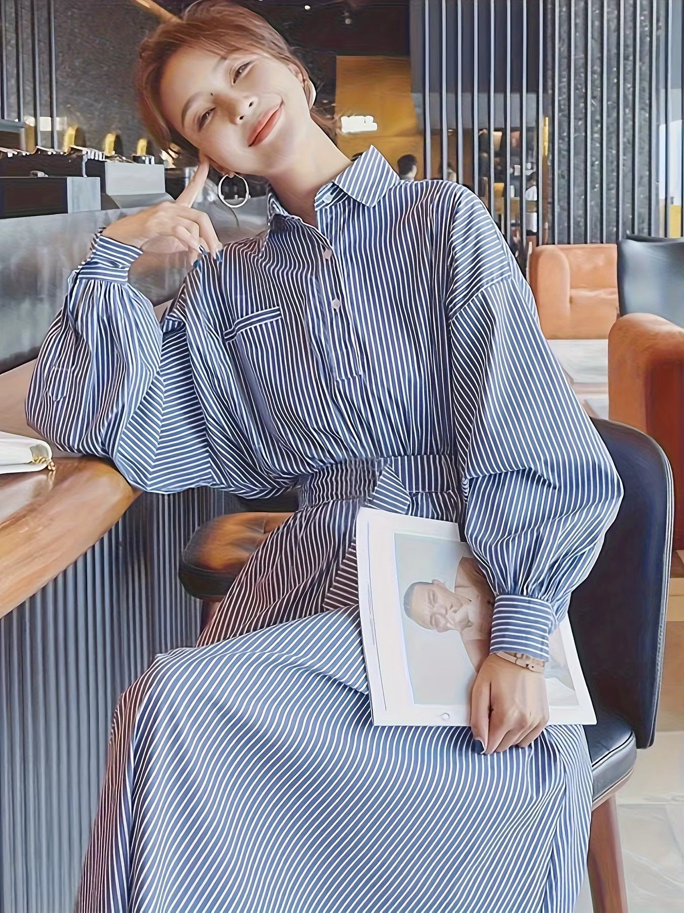 Casual Lantern Sleeve With Cinched High Waist Stripe Shirt Dress