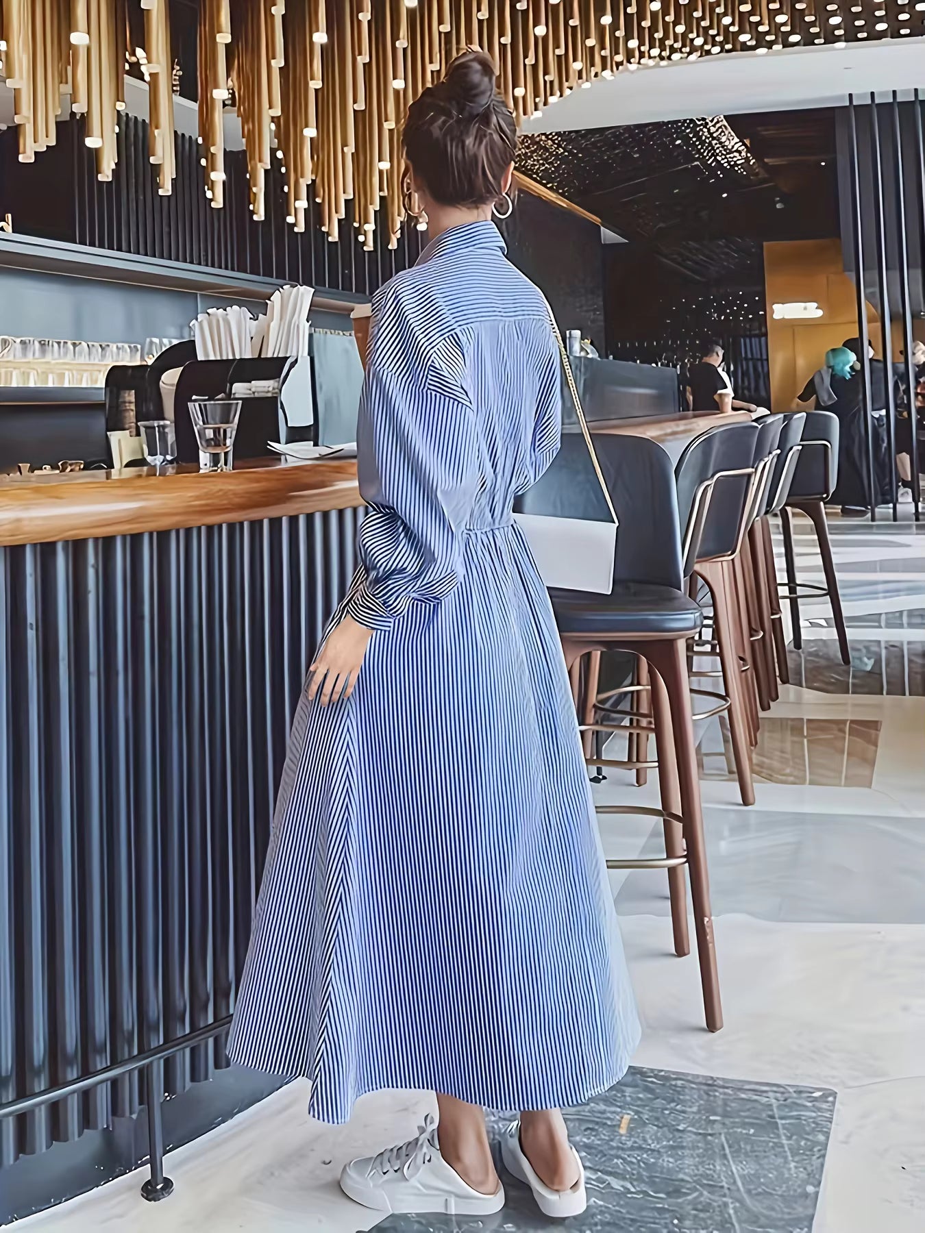 Casual Lantern Sleeve With Cinched High Waist Stripe Shirt Dress