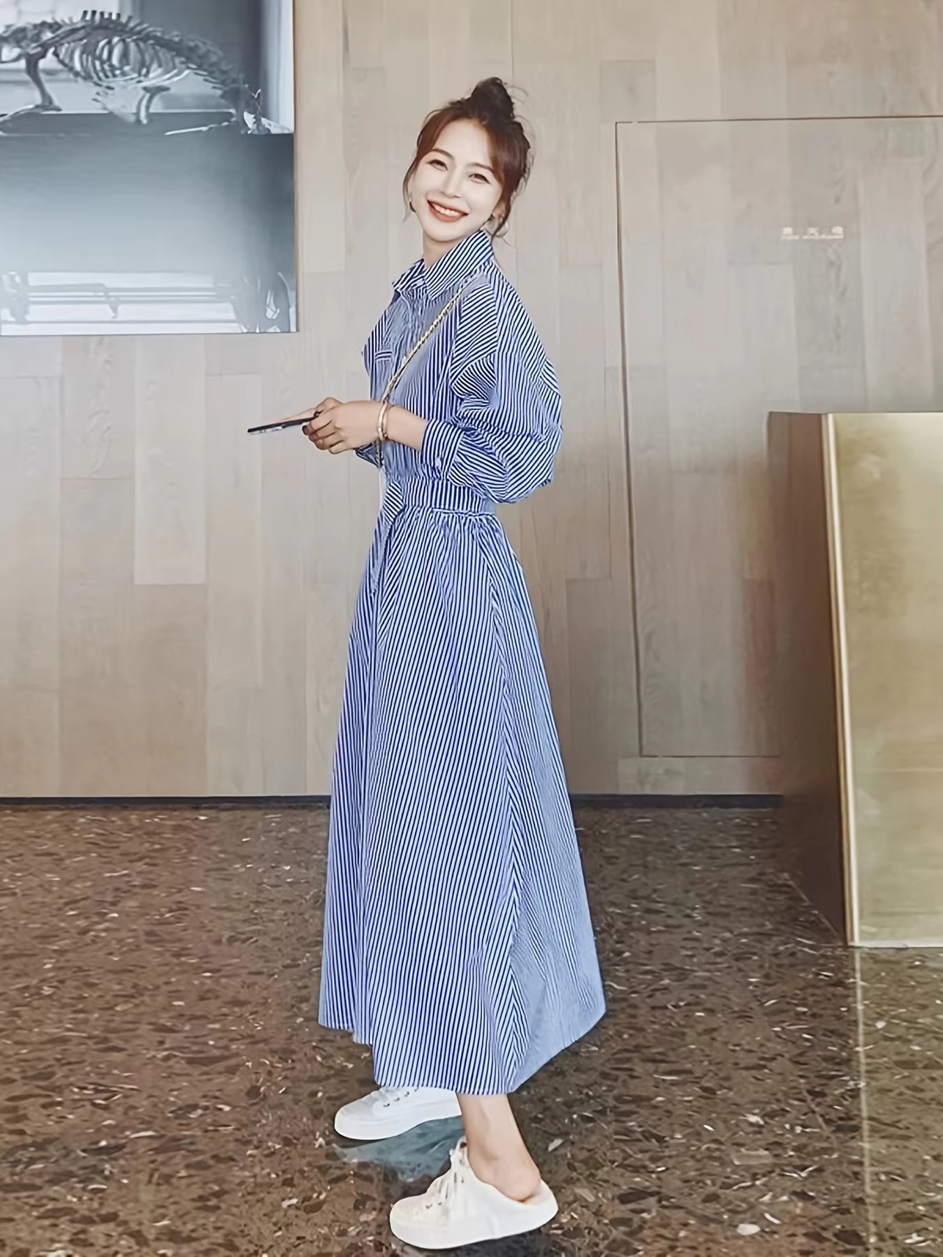 Casual Lantern Sleeve With Cinched High Waist Stripe Shirt Dress