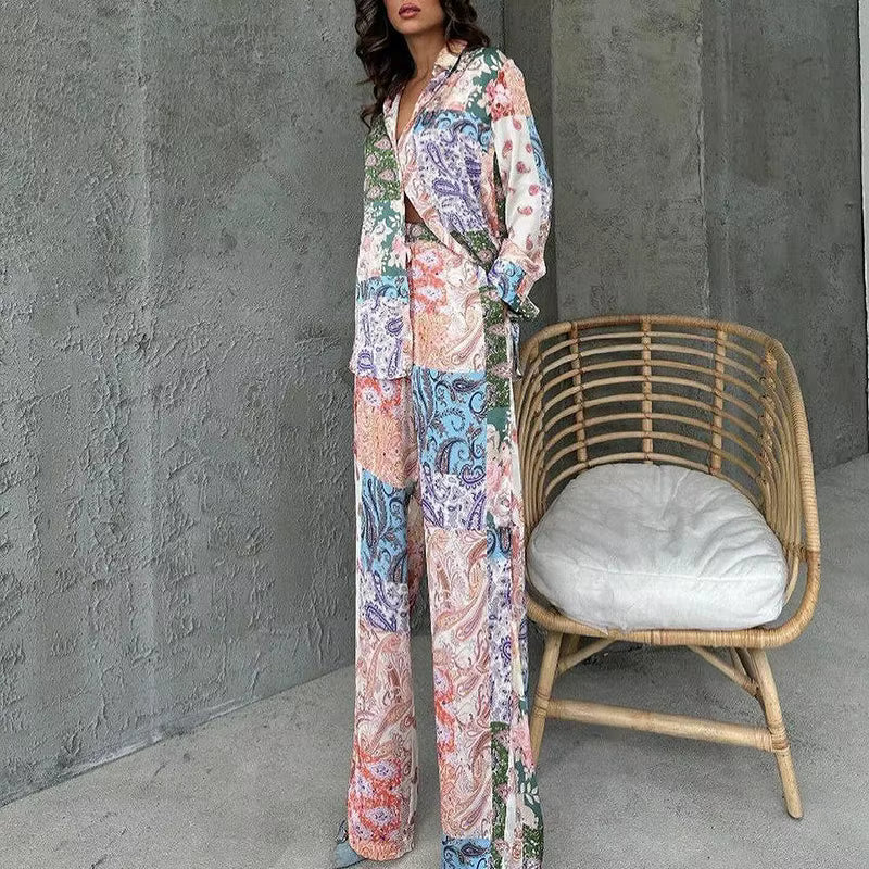 Casual Lapel Button Ethnic Printed Long Sleeve And Straight Pants 2 Piece Outfit