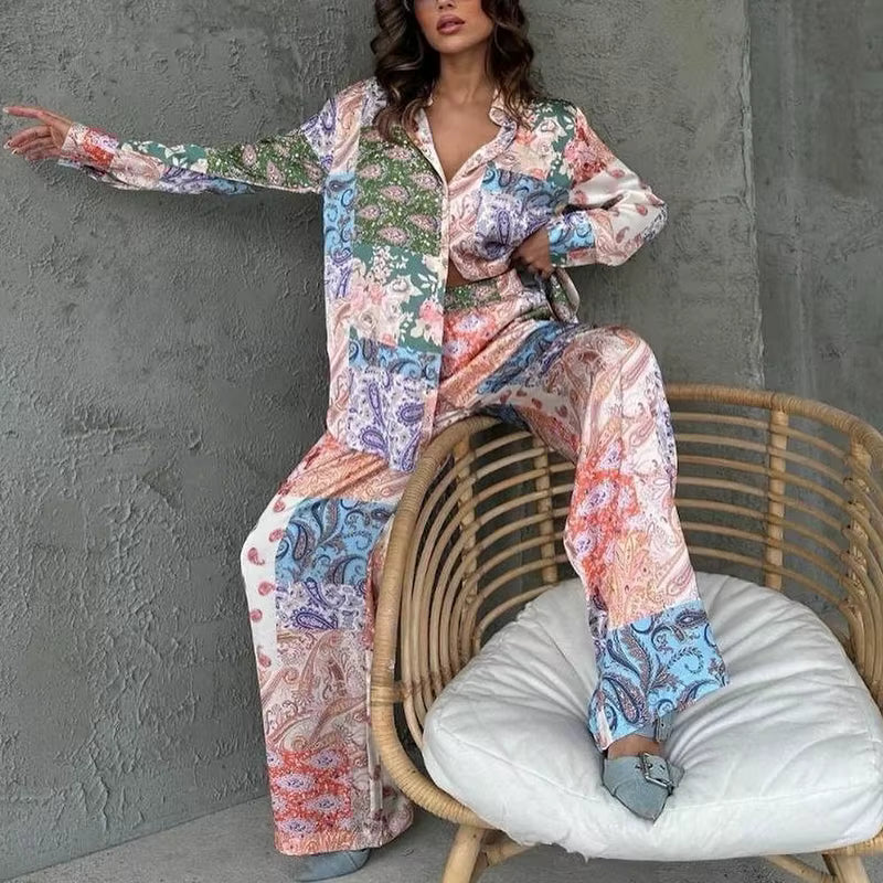 Casual Lapel Button Ethnic Printed Long Sleeve And Straight Pants 2 Piece Outfit