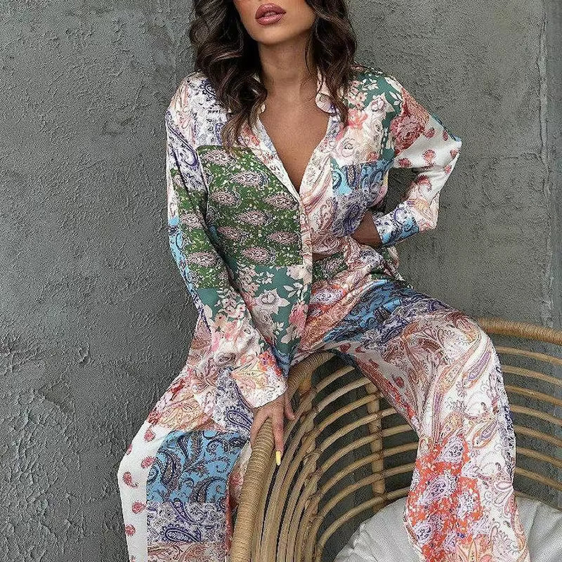 Casual Lapel Button Ethnic Printed Long Sleeve And Straight Pants 2 Piece Outfit
