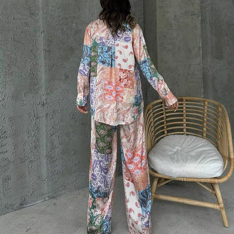 Casual Lapel Button Ethnic Printed Long Sleeve And Straight Pants 2 Piece Outfit