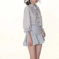 Casual Lapel Long Sleeve High Waist Patchwork Button Mini Dress