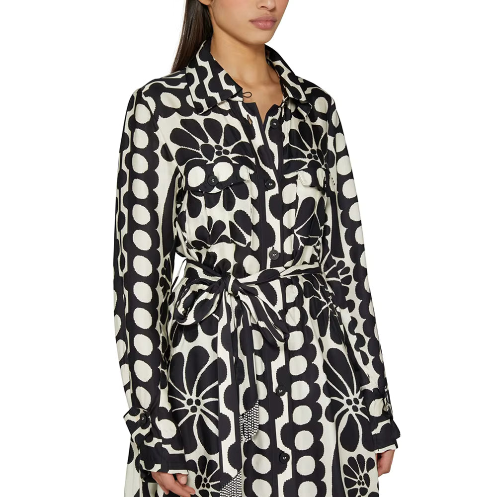 Casual Lapel Long Sleeve High Waist Patchwork Lace Up Printing Midi Dresses