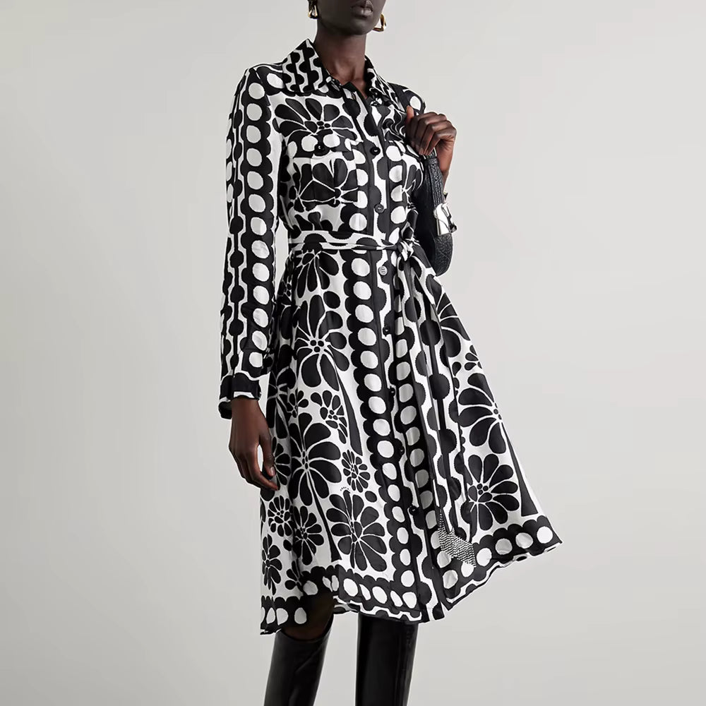 Casual Lapel Long Sleeve High Waist Patchwork Lace Up Printing Midi Dresses