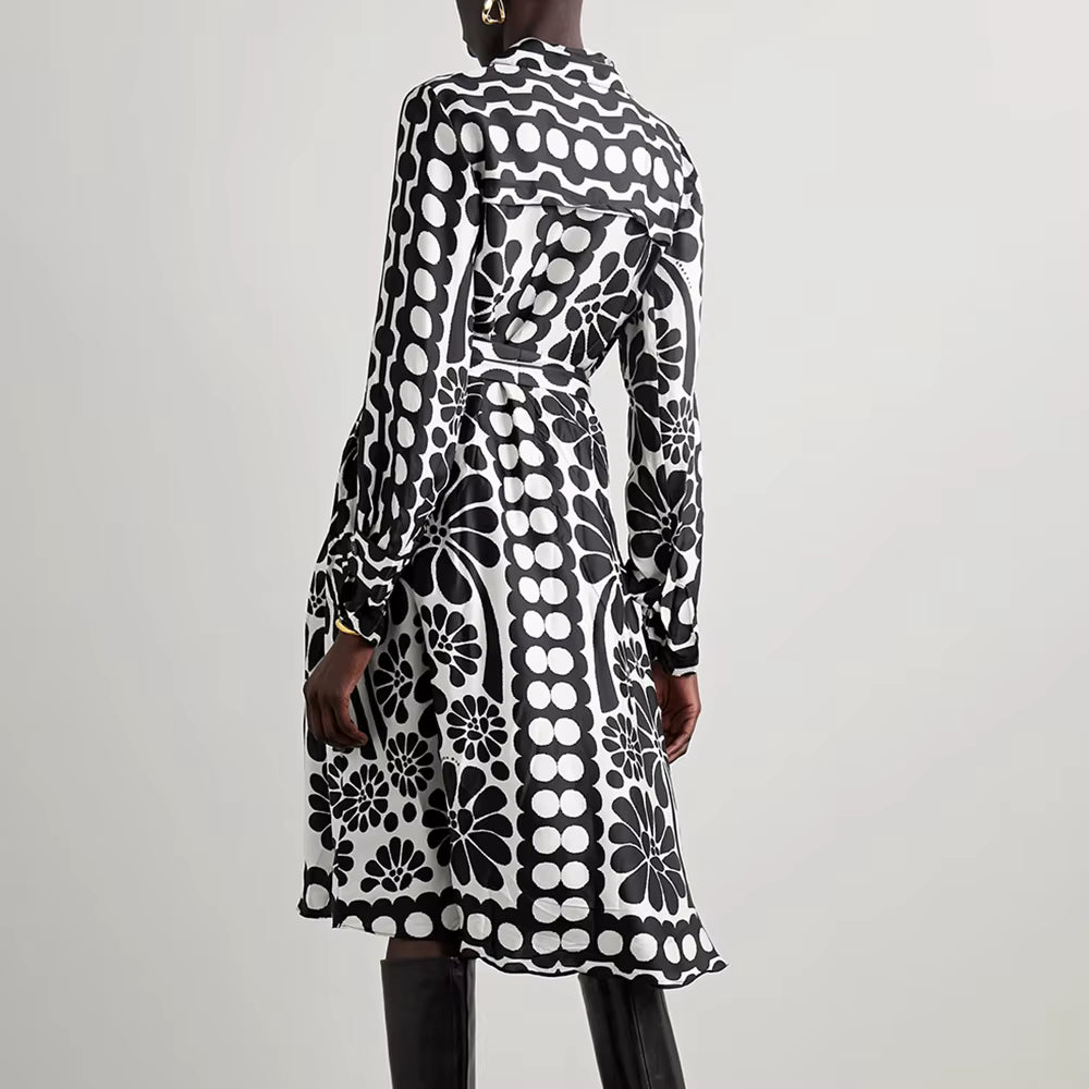 Casual Lapel Long Sleeve High Waist Patchwork Lace Up Printing Midi Dresses