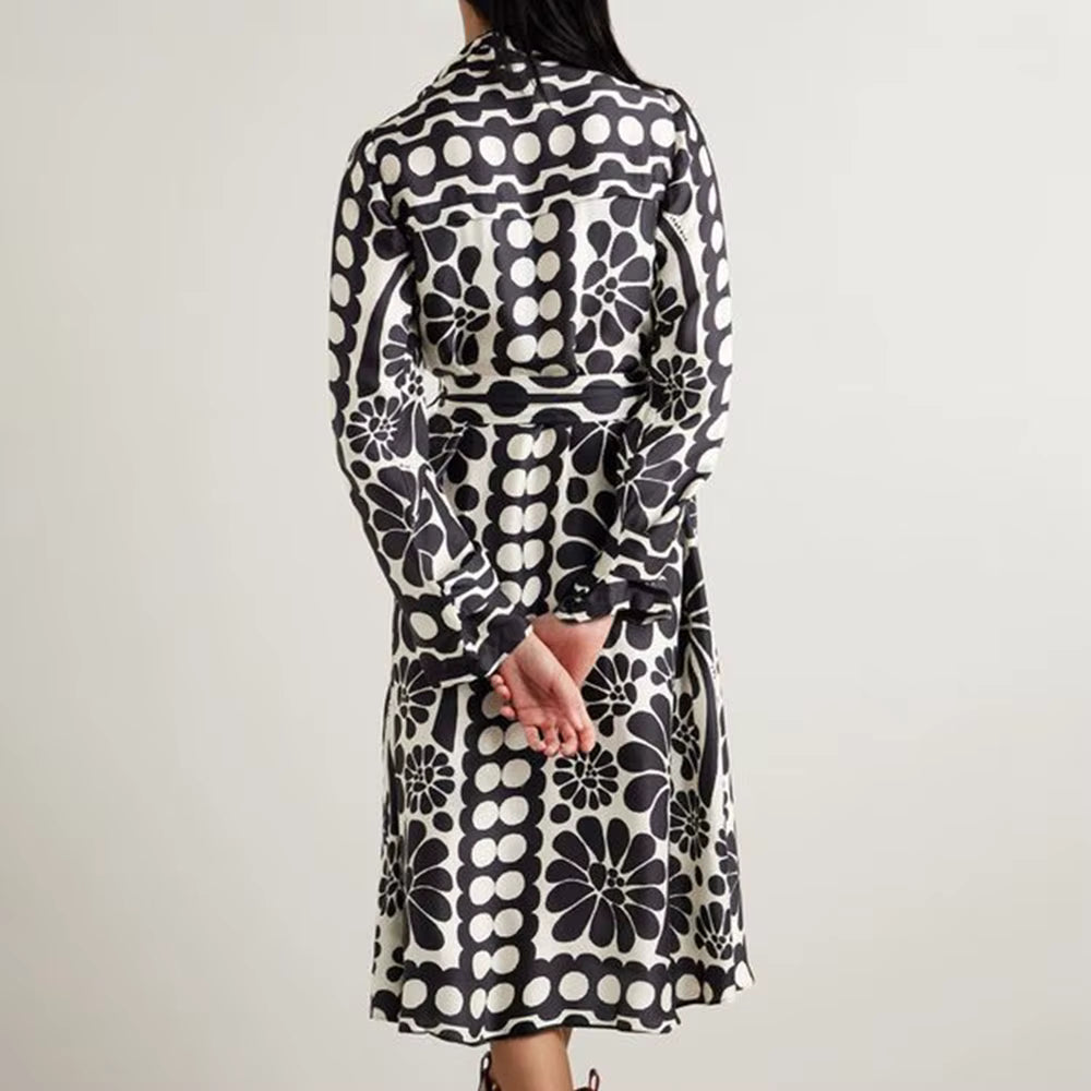 Casual Lapel Long Sleeve High Waist Patchwork Lace Up Printing Midi Dresses
