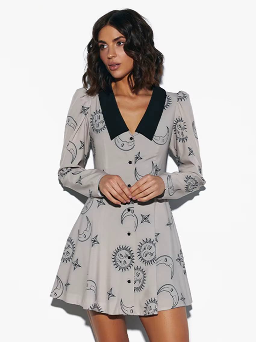 Casual Lapel Long Sleeve Loose Printed High Waist Mini Dress