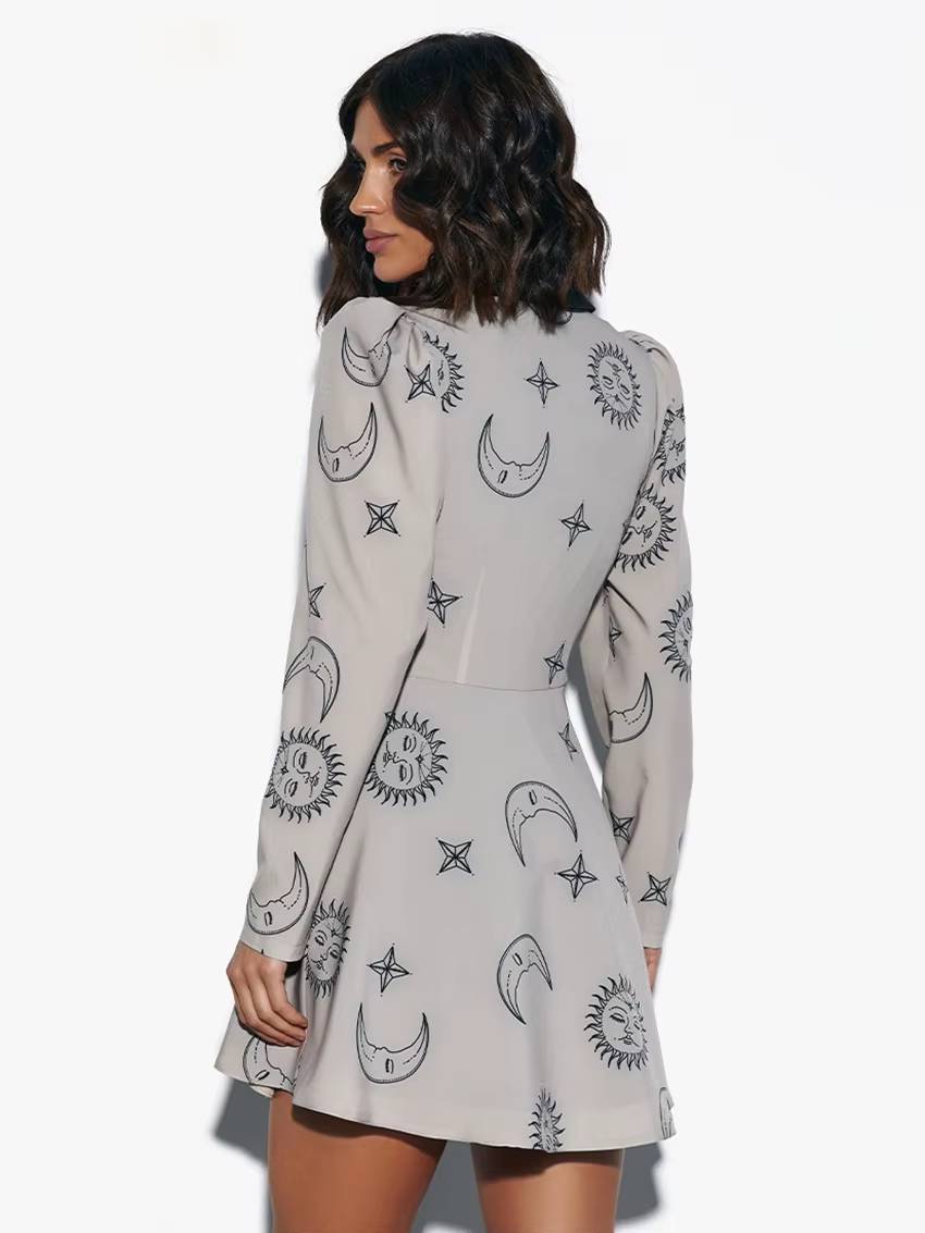 Casual Lapel Long Sleeve Loose Printed High Waist Mini Dress