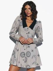 Casual Lapel Long Sleeve Loose Printed High Waist Mini Dress