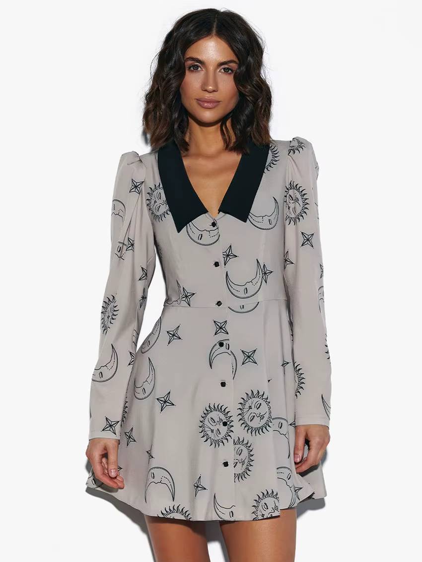 Casual Lapel Long Sleeve Loose Printed High Waist Mini Dress