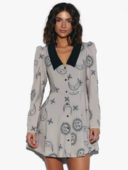 Casual Lapel Long Sleeve Loose Printed High Waist Mini Dress