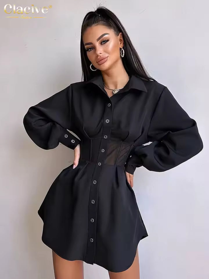 Casual Lapel Long Sleeve Mesh Patchwork Loose Mini Dress