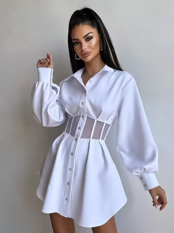 Casual Lapel Long Sleeve Mesh Patchwork Loose Mini Dress