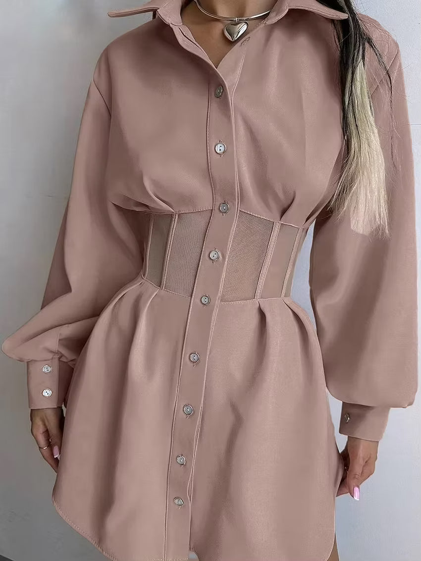 Casual Lapel Long Sleeve Mesh Patchwork Loose Mini Dress