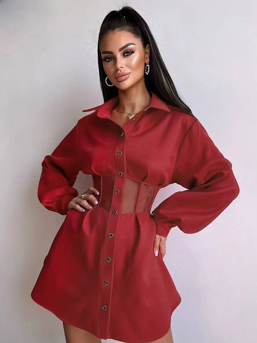 Casual Lapel Long Sleeve Mesh Patchwork Loose Mini Dress