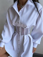 Casual Lapel Long Sleeve Mesh Patchwork Loose Mini Dress