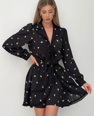 Casual Lapel Long Sleeve Mini Dresses Elegant Classic Lace-Up Pleated Dress