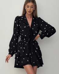 Casual Lapel Long Sleeve Mini Dresses Elegant Classic Lace-Up Pleated Dress