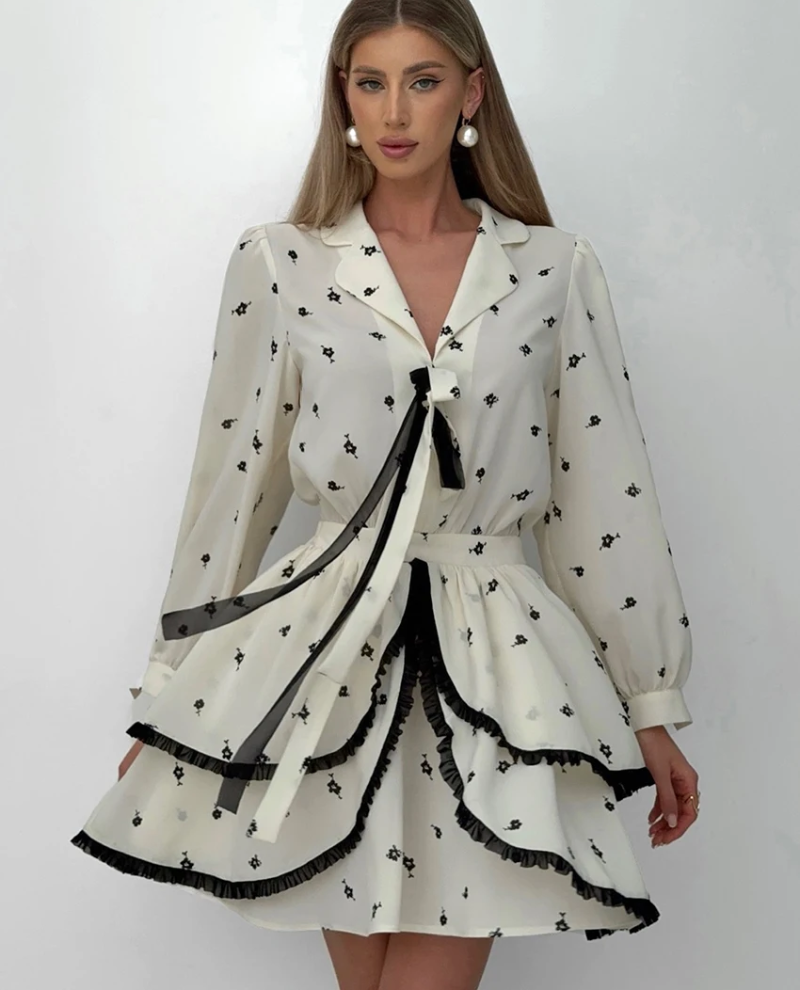 Casual Lapel Long Sleeve Mini Dresses Elegant Classic Lace-Up Pleated Dress