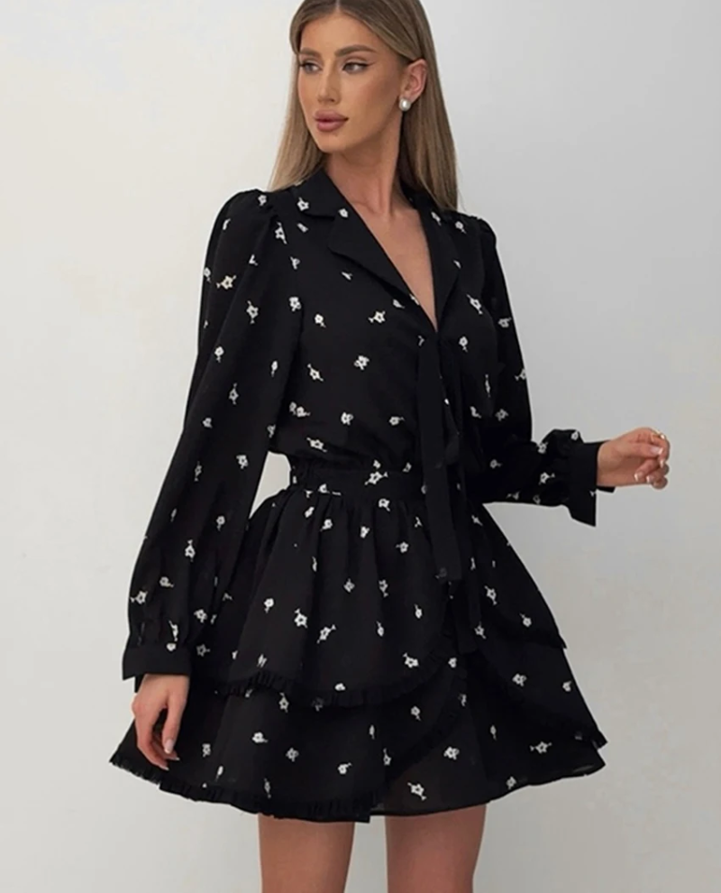 Casual Lapel Long Sleeve Mini Dresses Elegant Classic Lace-Up Pleated Dress