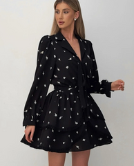 Casual Lapel Long Sleeve Mini Dresses Elegant Classic Lace-Up Pleated Dress