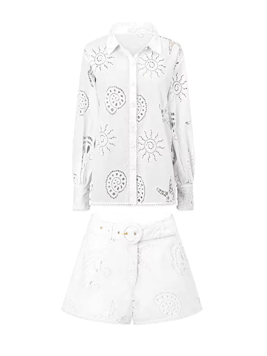 Casual Lapel Long Sleeves Spliced Single Breasted Top Patchwork Hollow Out Short Two Piece Sets