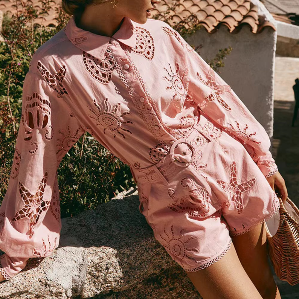 Casual Lapel Long Sleeves Spliced Single Breasted Top Patchwork Hollow Out Short Two Piece Sets
