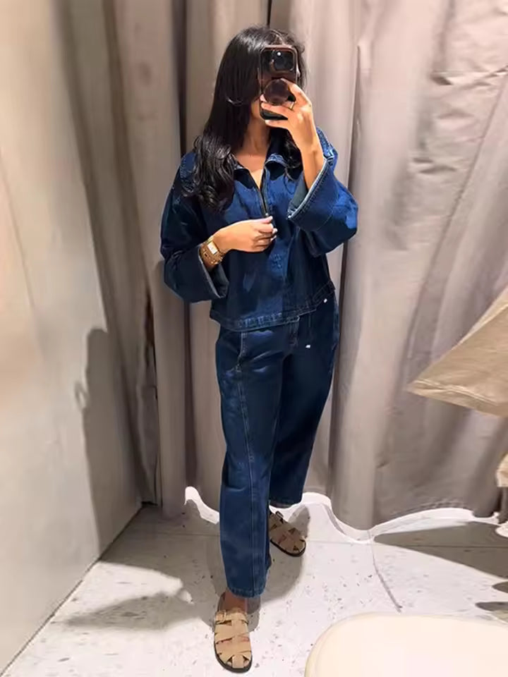 Casual Lapel Shirt High Waist Straight Wide Leg Pants 2 Piece Set Streetwear