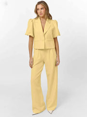 Casual Lapel Short Sleeve Single Button Shirts High Waist Straight Pants Sets