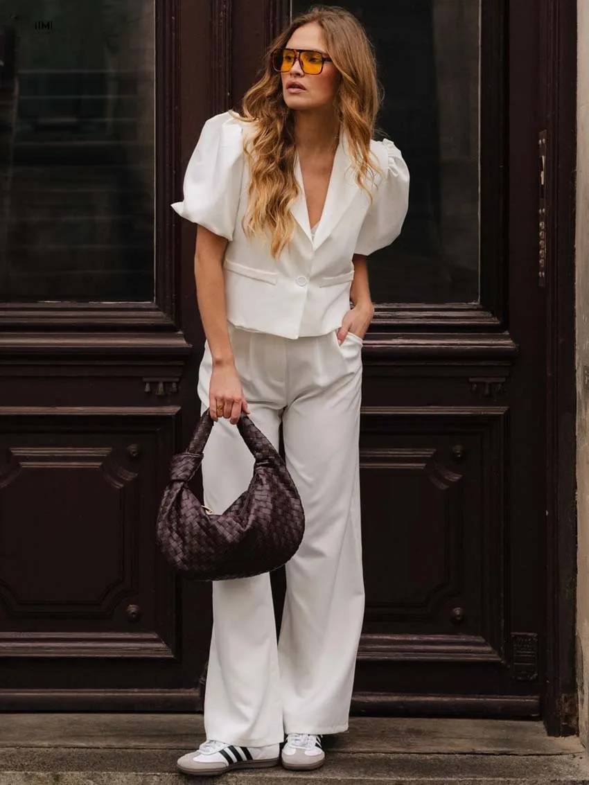 Casual Lapel Short Sleeve Single Button Shirts High Waist Straight Pants Sets