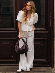 Casual Lapel Short Sleeve Single Button Shirts High Waist Straight Pants Sets