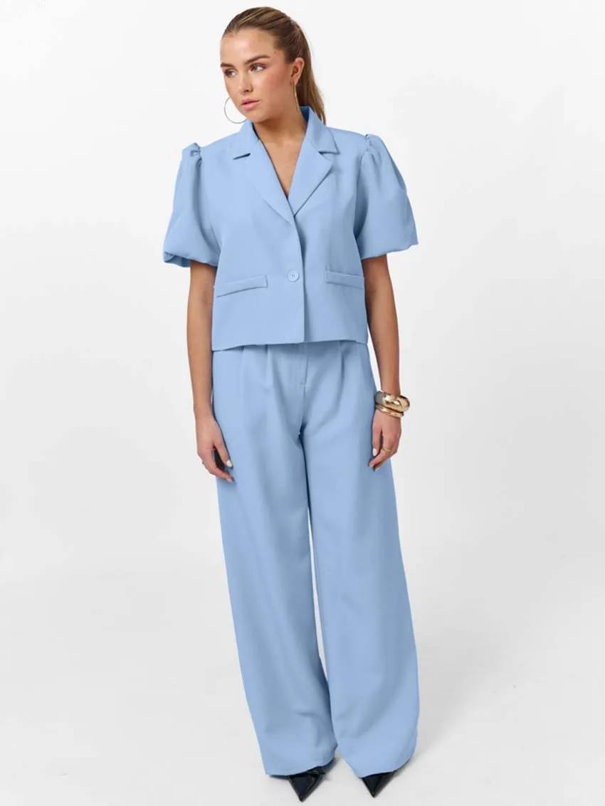 Casual Lapel Short Sleeve Single Button Shirts High Waist Straight Pants Sets